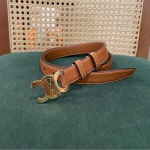 Celine Brown Leather Belt with Gold Buckle